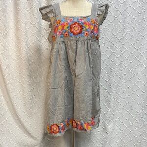 Savanna Jane Blue and White Striped Midi Dress with Multicolor Floral Embroidery